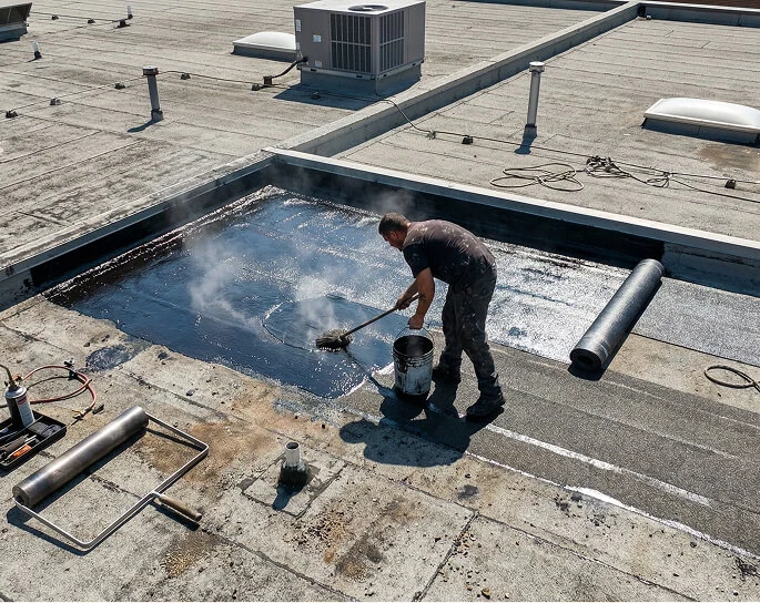 A commercial roofing technician applies hot bitumen to a flat roof for large-loss storm damage restoration.
