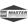 Black and white GAF Master logo with "GAF MASTER Certified Commercial Roofing Contractor" in a diamond for large-loss, flat roof restoration.