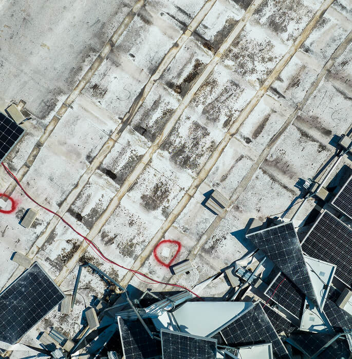 Aerial view of a commercial flat roof with solar panels, wiring, and storm damage markings for large-loss restoration.