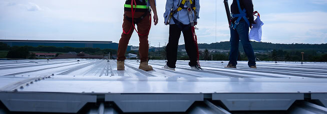 Three workers in safety harnesses inspect a commercial flat roof for large-loss restoration.