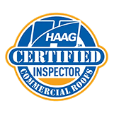 HAAG Certified Inspector badge for commercial roofing, storm damage restoration, and large-loss recovery with blue, white, and yellow design.